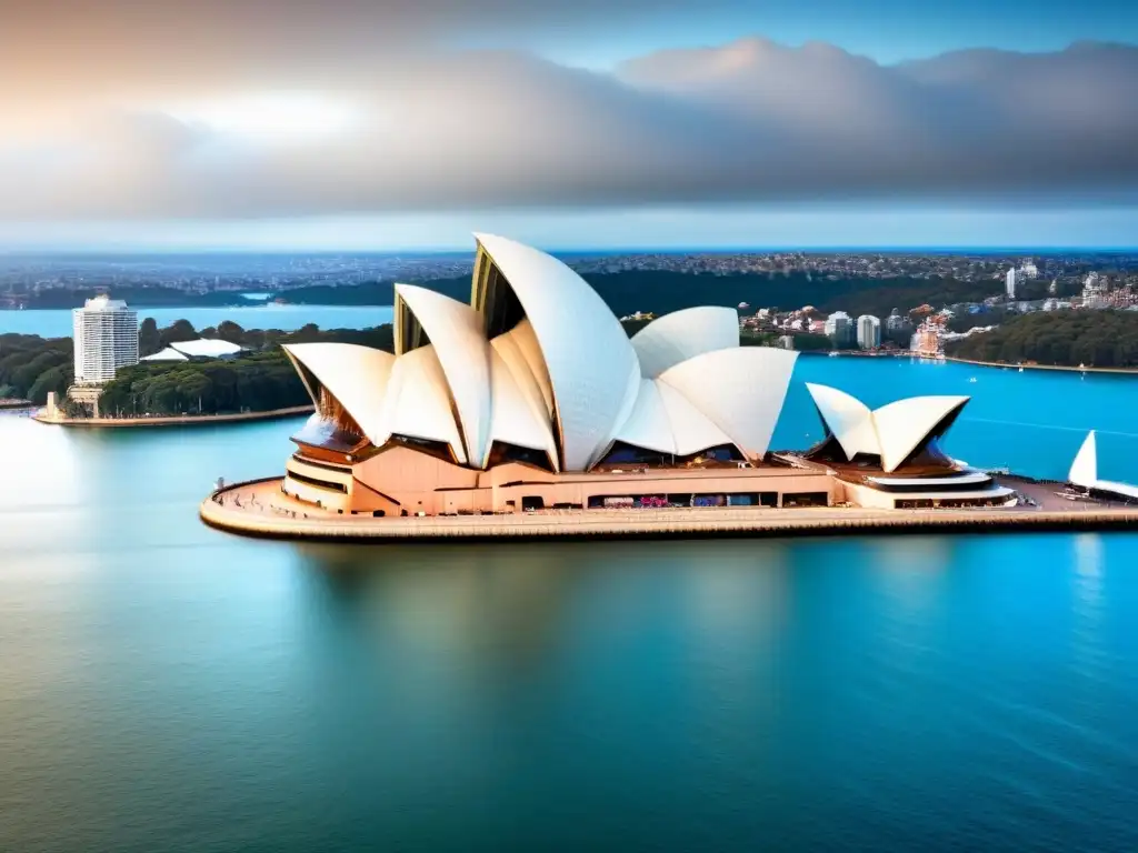 Esplendor aéreo: Ópera de Sídney y su diseño único Vista aérea detallada de la icónica Ópera de Sídney en Australia, resaltando su diseño saillike y la belleza del puerto