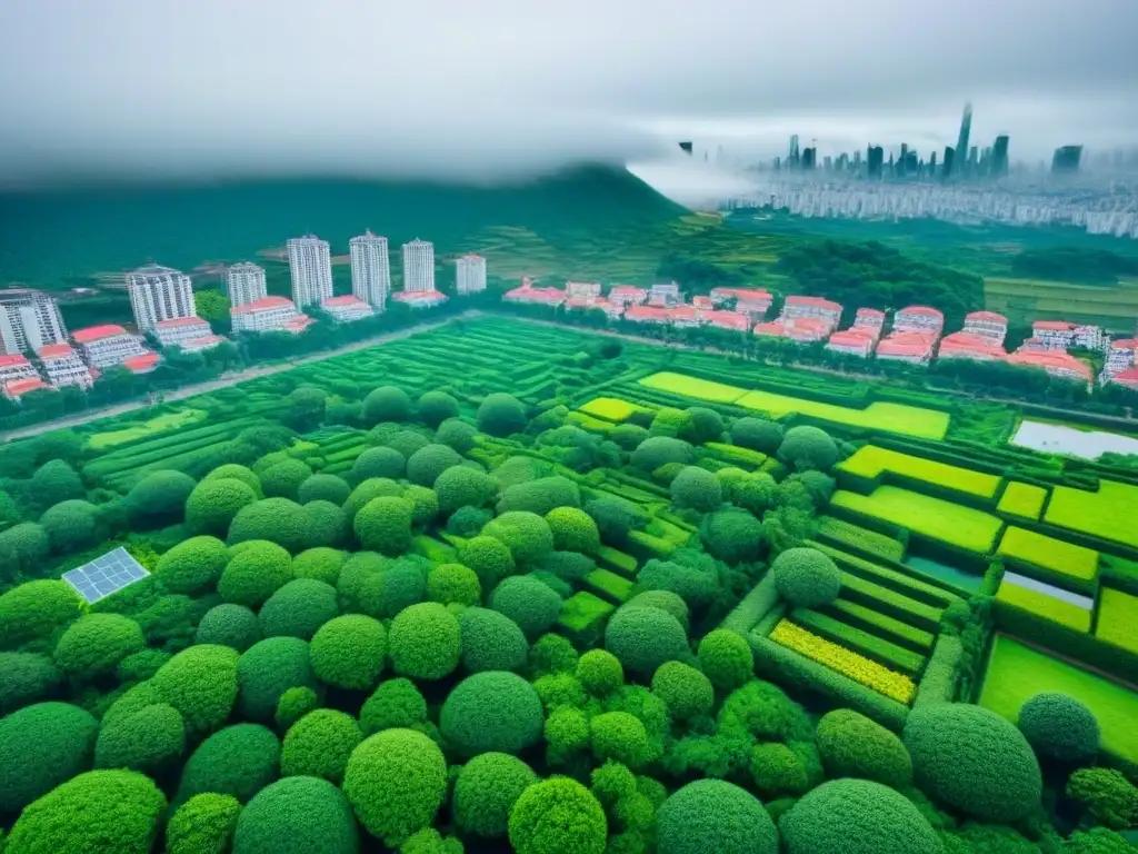 Cityscape ecoinnovador: arquitectura verde en armonía urbana Vista aérea detallada de infraestructura verde en mercado inmobiliario, fusionando naturaleza y arquitectura ecoamigable