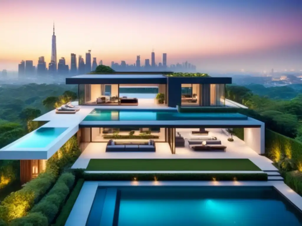 Residencia de lujo con skyline urbano desde piscina infinita Vista aérea detallada de lujosa propiedad moderna rodeada de vegetación, con impresionante skyline urbano