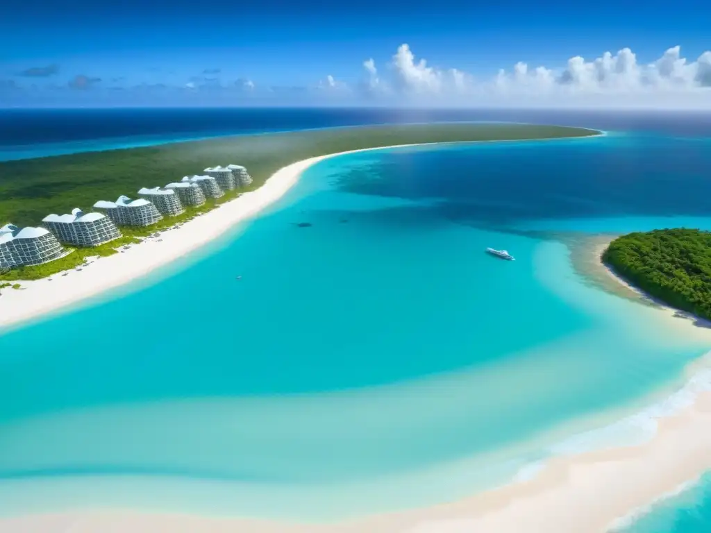 Paraíso caribeño: resort de lujo frente al mar Vista aérea detallada de lujoso resort en el Caribe, playas blancas, aguas turquesas, palmeras y arquitectura moderna