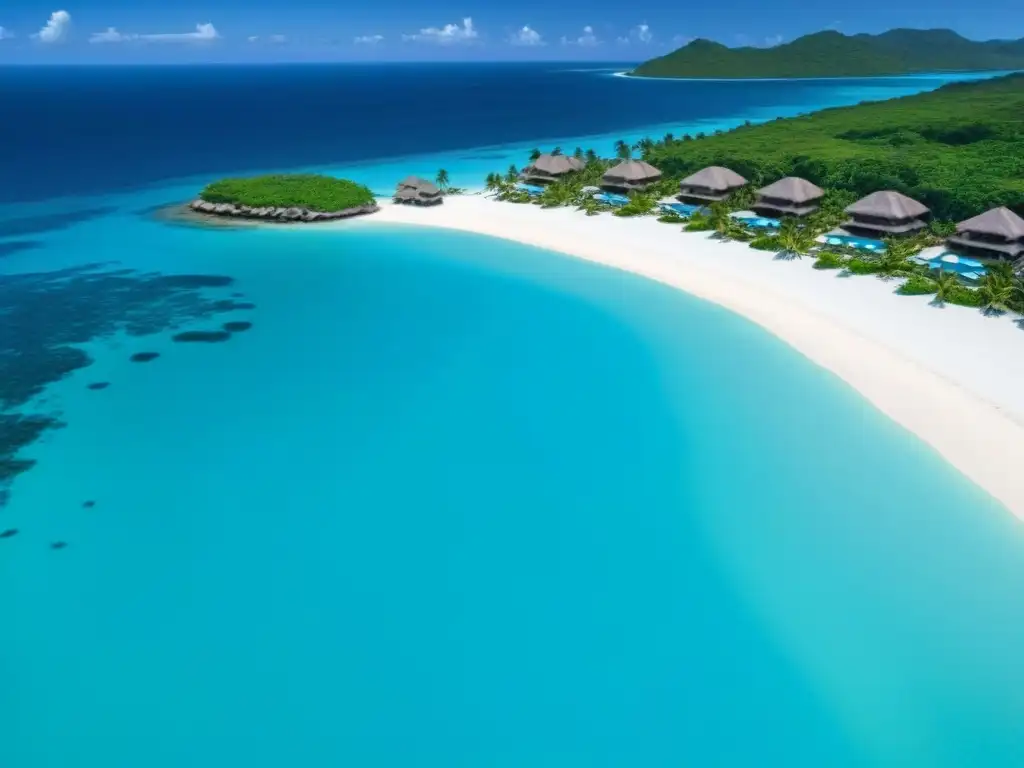 Paraíso caribeño de lujo: villas con piscinas infinitas en isla exclusiva Vista aérea detallada de lujoso resort en isla del Caribe, con villas y piscinas infinity privadas en playa paradisíaca