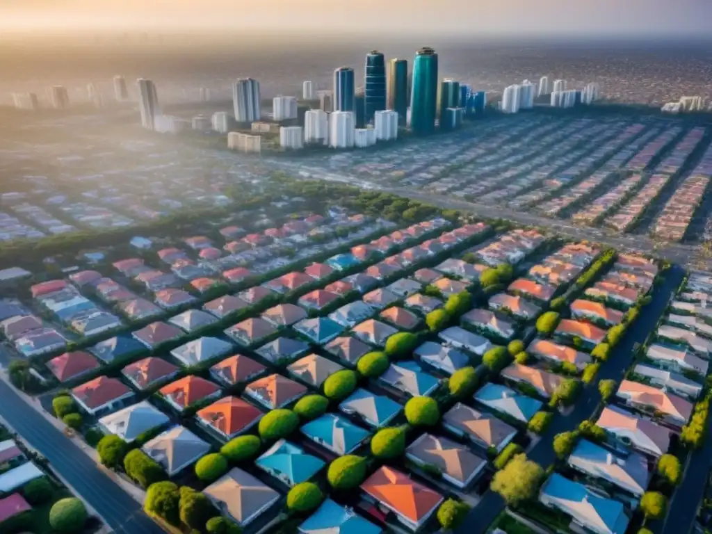 Panorama inmobiliario mexicano: contrastes urbanos y residenciales Vista aérea detallada del mercado inmobiliario en México, con contrastes entre la ciudad y barrios residenciales