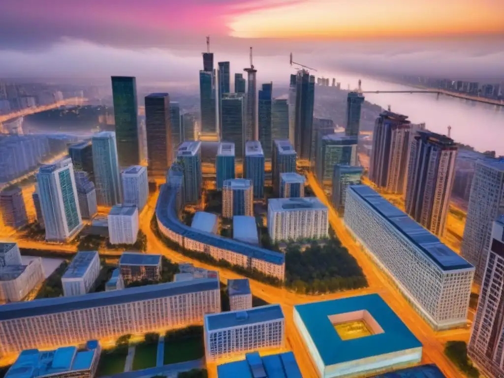 Vibrante ciudad al atardecer: mercado inmobiliario en auge Vista aérea detallada de una metrópolis dinámica al atardecer, destacando la integración de la naturaleza en la ciudad