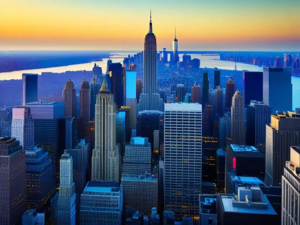Contraste arquitectónico en el atardecer de Nueva York Vista aérea detallada de Nueva York: mezcla de estilos arquitectónicos entre brownstones históricos y rascacielos modernos al atardecer