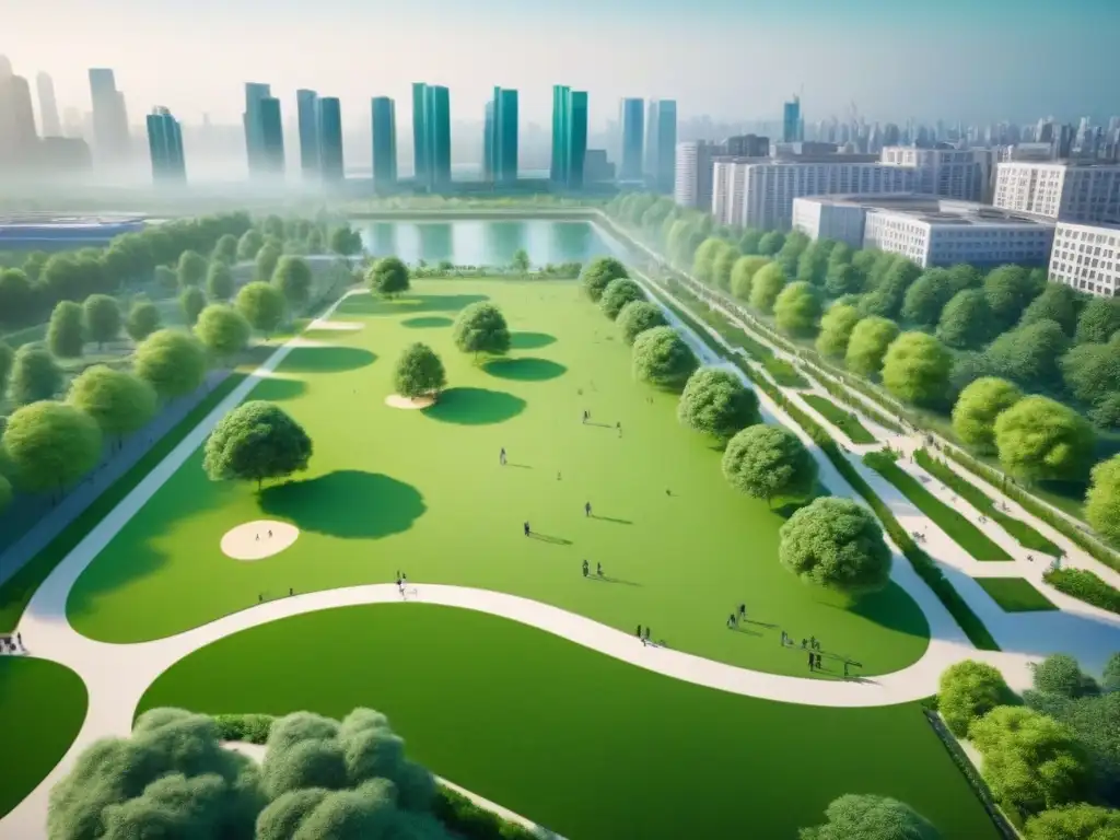 Vista aérea ultrarrealista de parque urbano moderno Vista aérea detallada en 8k de un moderno parque urbano, resaltando la importancia de los espacios verdes en el desarrollo urbano