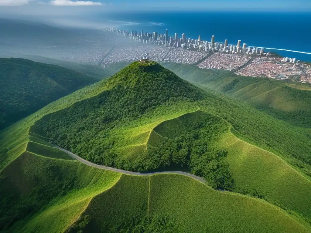 Vista aérea detallada de El Salvador: crecimiento urbano y oportunidades Vista aérea detallada de El Salvador: edificios modernos, naturaleza exuberante y el Océano Pacífico