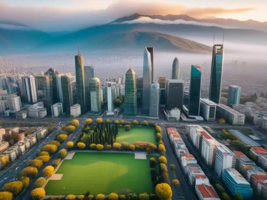 Skyline de Santiago, Chile: modernidad y tradición frente a los Andes Vista aérea detallada de Santiago, Chile, con modernos rascacielos, monumentos históricos y la imponente cordillera de los Andes