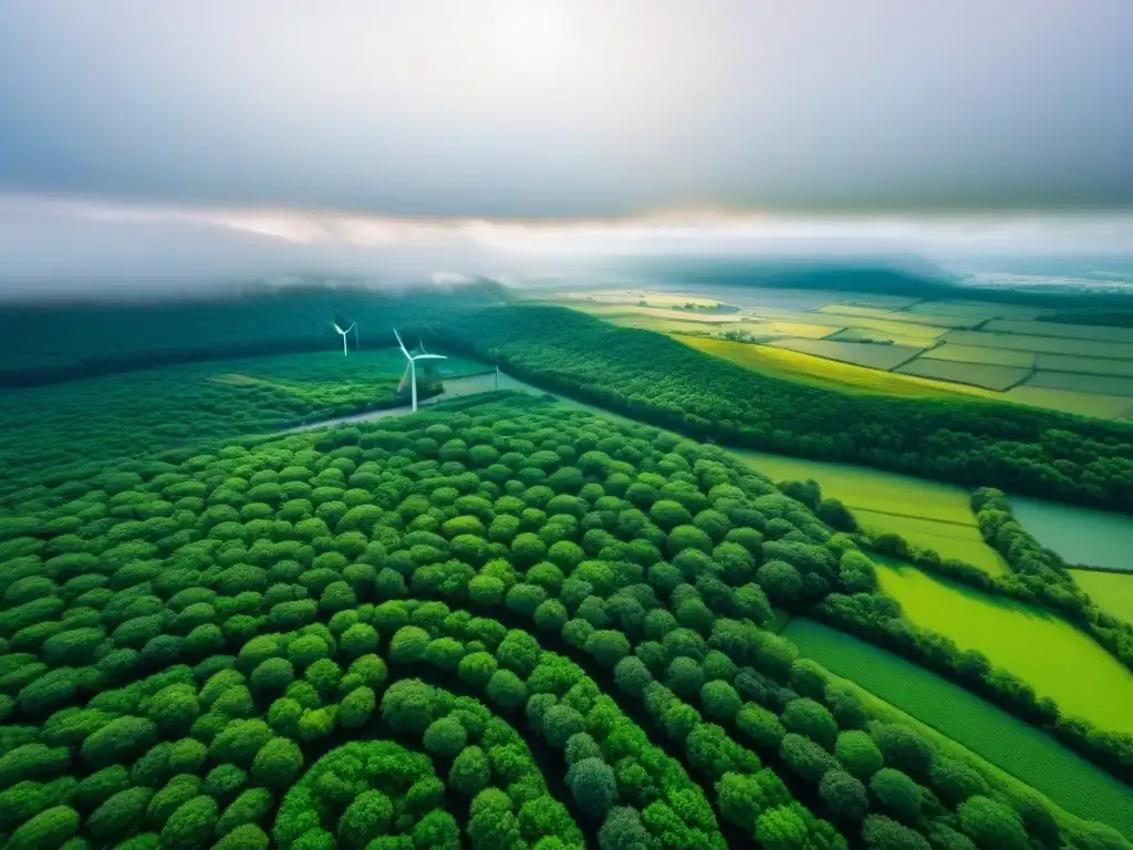 Paisaje verde con tecnologías sostenibles: armonía perfecta Vista aérea detallada de paisaje verde con tecnologías verdes integradas en armonía, proyecto restauración
