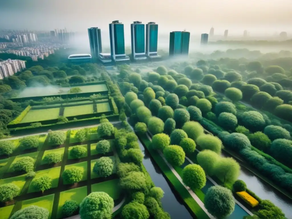 Armonía urbana: rascacielos y parques verdes Vista aérea detallada de un paisaje urbano con espacios verdes integrados, resaltando los beneficios de la integración en desarrollos urbanos