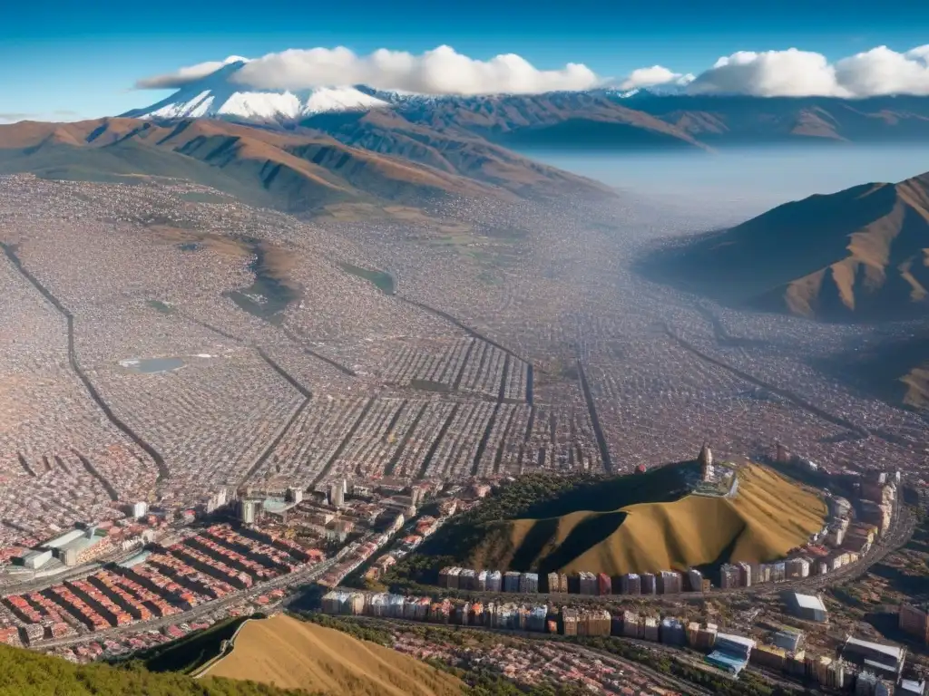 Panorámica aérea de La Paz, Bolivia: ciudad vibrante y majestuosos Andes Vista aérea detallada de La Paz, Bolivia, con los Andes nevados de fondo