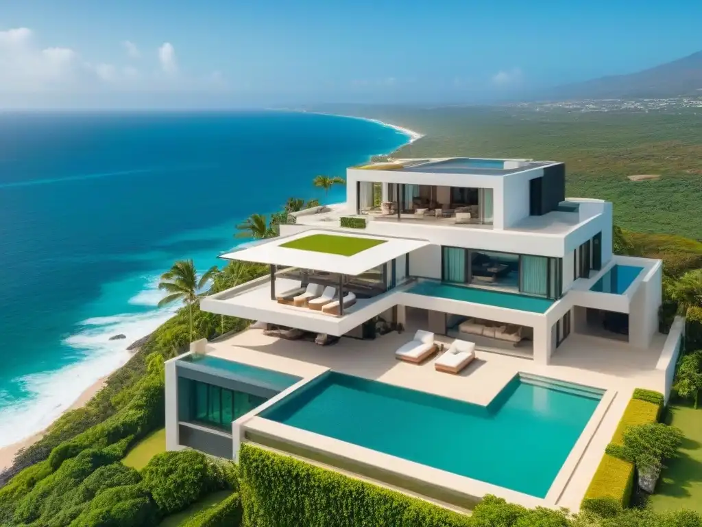 Residencia de lujo en México: mansión moderna con vista al mar Vista aérea detallada de lujosa mansión en México con piscina infinita y cancha de tenis, reflejando mercado de propiedades alta gama en México