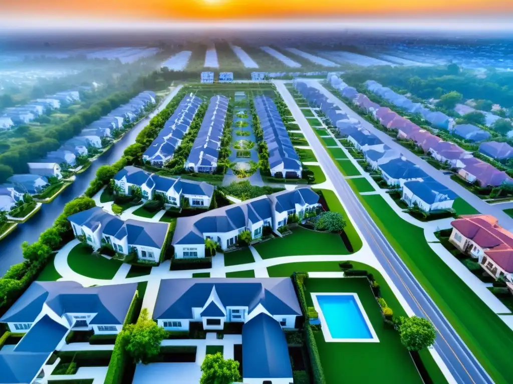 Portafolio inmobiliario diversificado: arquitectura moderna y prosperidad Vista aérea detallada de portafolio inmobiliario diverso resaltando ventajas diversificación geográfica bienes raíces