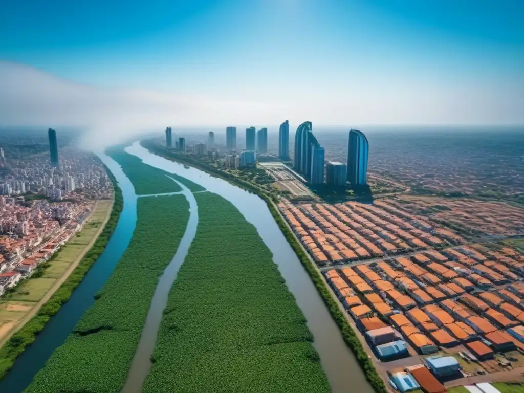 Skyline de Asunción: Tradición y Progreso en Paraguay Vista aérea detallada de Asunción, Paraguay, con rascacielos modernos y arquitectura histórica, el río Paraguay y cielo azul