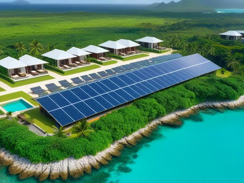 Resort ecológico de lujo en el Caribe: armonía natural y sostenible Vista aérea detallada de resort ecofriendly en Caribe con turismo sostenible y mercado inmobiliario