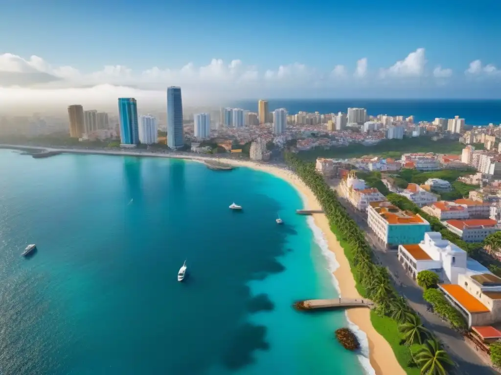 Santo Domingo: Energía Urbana y Moderna Vista aérea detallada de Santo Domingo, combinando arquitectura histórica y moderna