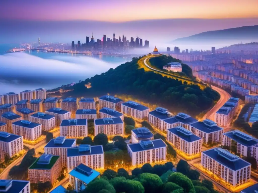 Teleféricos futuristas iluminan la ciudad al anochecer Vista aérea detallada de teleféricos urbanos residenciales, fusionando innovación y conectividad