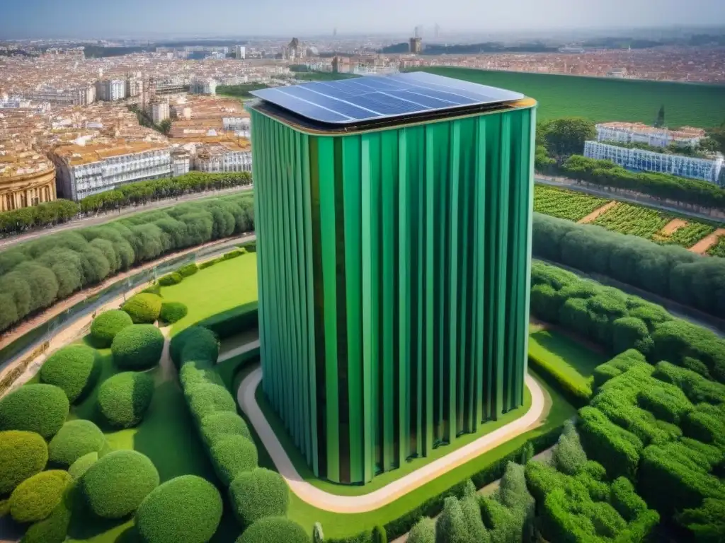 Arquitectura sostenible: Torre Pelli en Sevilla Vista aérea detallada de la Torre Pelli en Sevilla, resaltando su arquitectura moderna y beneficios de construcción verde propiedades
