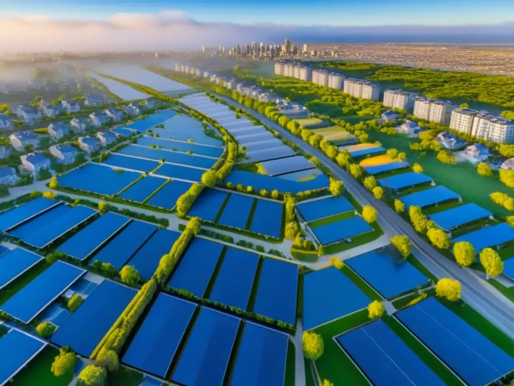 Vista aérea detallada de urbanización moderna con infraestructura ecológica Vista aérea detallada de una urbanización moderna con servicios esenciales, paneles solares y cielo azul claro
