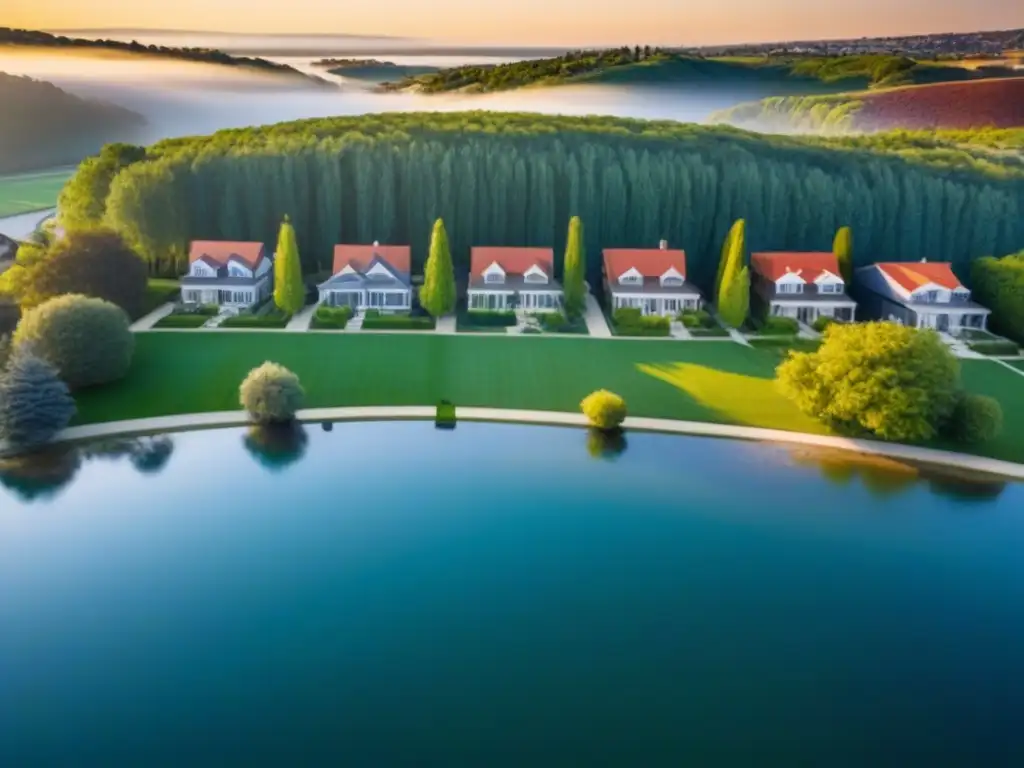 Vecindario de lujo: casas modernas en entorno natural Vista aérea detallada de un vecindario suburbano moderno con casas lujosas y jardines, ideal para las mejores hipotecas segunda vivienda