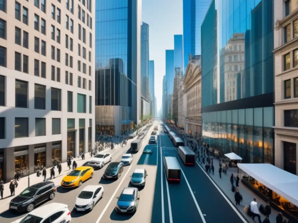 Distrito financiero vibrante: innovación y oportunidad en crowdfunding y REITs Vista aérea de distrito financiero con rascacielos modernos y tradicionales, ejecutivos y pantallas digitales, reflejando innovación y oportunidad