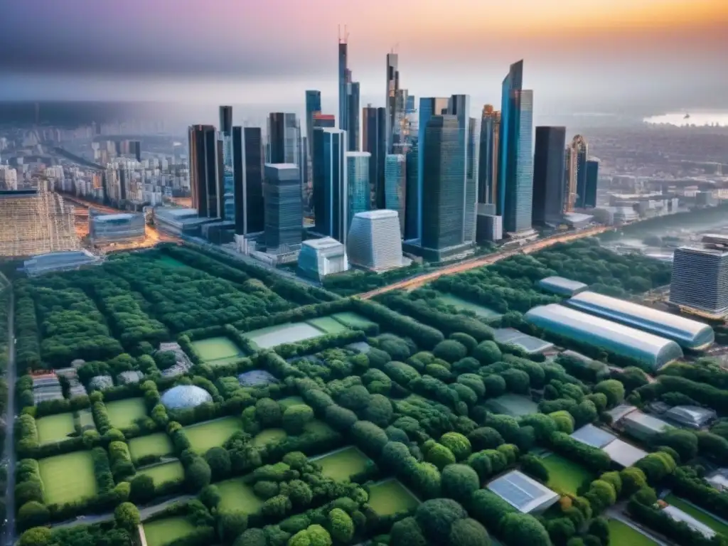 Distrito financiero moderno en crecimiento Vista aérea de un distrito financiero vibrante con rascacielos modernos y espacios verdes, simbolizando el financiamiento para proyectos inmobiliarios