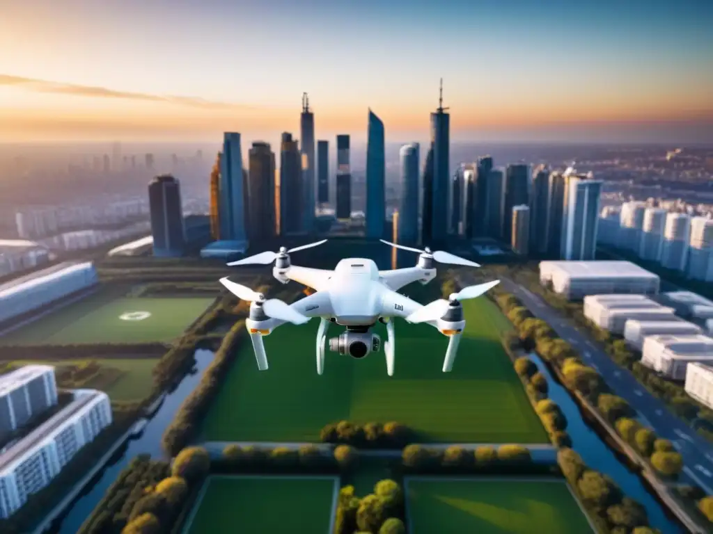 Drone futurista capturando la esencia de la ciudad al atardecer Vista aérea de un dron futurista sobre una ciudad al atardecer, capturando imágenes de un rascacielos