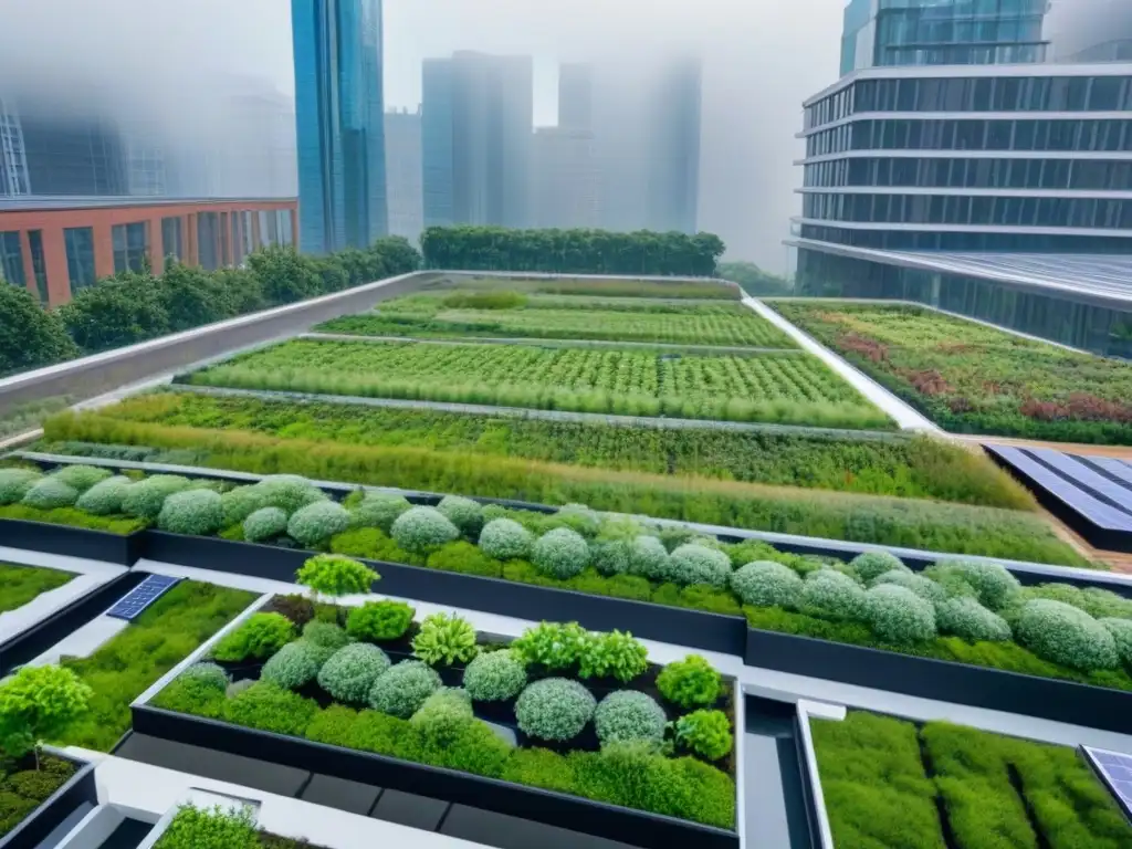 Arquitectura sostenible: Ciudad moderna con edificios LEED certificados Vista aérea de edificios certificados LEED en un paisaje urbano moderno, destacando techos verdes y paneles solares