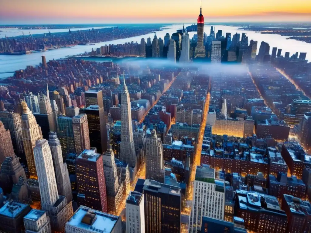 Contraste arquitectónico en NY: brownstones y rascacielos Vista aérea de Nueva York: contraste entre edificios históricos y modernos