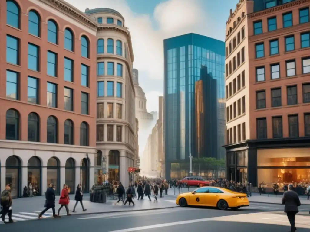 Encanto urbano: fusión de tradición y modernidad en la ciudad Vista aérea de esquina urbana: gente diversa, edificios históricos y modernos