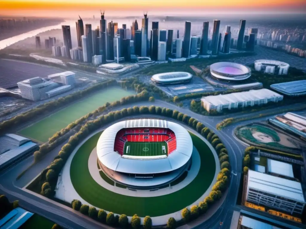 Estadio en ciudad moderna durante evento deportivo Vista aérea de estadio rodeado de rascacielos y edificios residenciales durante evento deportivo, reflejando impacto en precios inmobiliarios