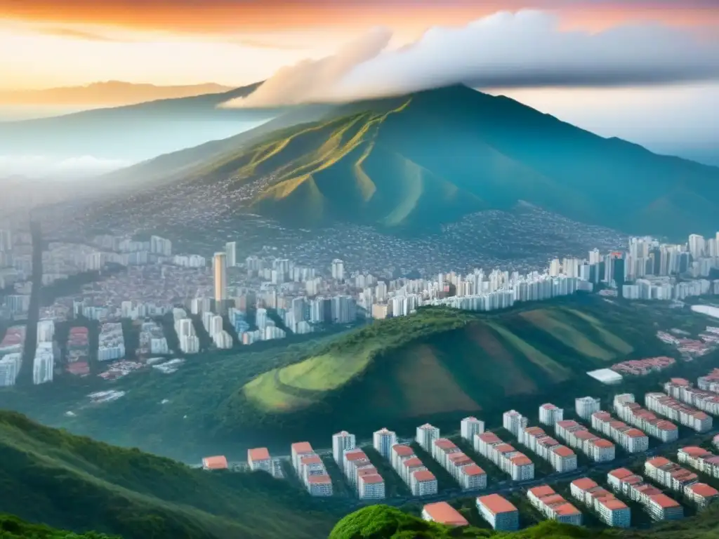 Contraste urbano: Caracas, Venezuela y la montaña Ávila Vista aérea de Caracas con el Ávila de fondo, contrastando rascacielos y naturaleza