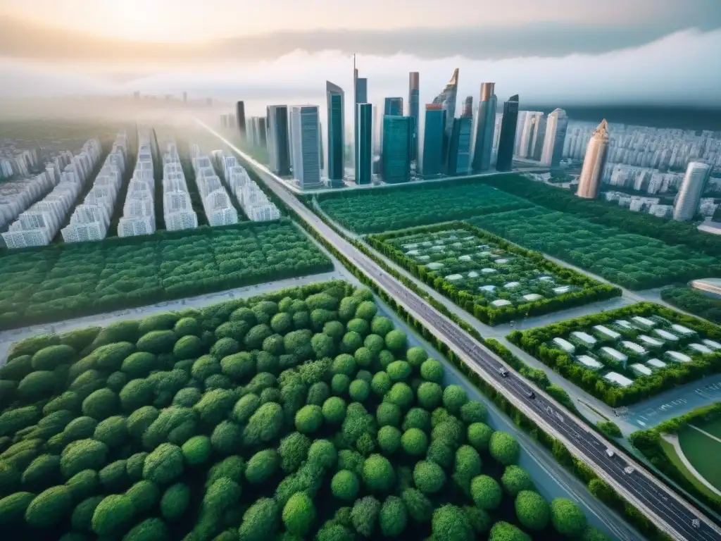 Metrópolis futurista: oportunidades en crowdfunding inmobiliario Vista aérea futurista de ciudad vibrante con rascacielos y parques verdes, ideal para la guía crowdfunding inmobiliario principiantes