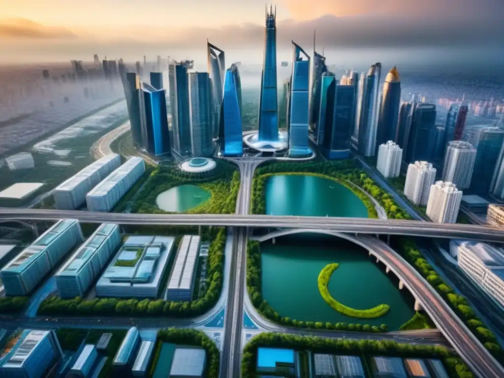 Metrópolis futurista: visión urbana sostenible y moderna Vista aérea futurista de una ciudad bulliciosa con rascacielos, pasarelas interconectadas y sistemas de transporte avanzados integrados con espacios verdes, representando la visión de planificación urbana y desarrollo sostenible para futuros centros comerciales