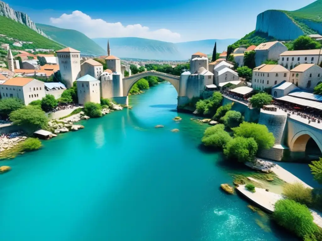 Vista aérea impresionante de Stari Most en Mostar, Bosnia Vista aérea de Mostar, Bosnia y Herzegovina: Puente Stari Most sobre el río Neretva, reflejando la arquitectura balcánica y la diversidad cultural