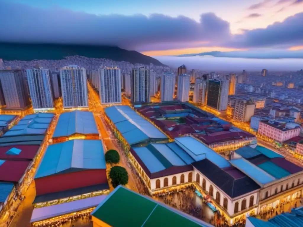 Vibrante mercado inmobiliario en Sudamérica Vista aérea impactante de ciudad sudamericana con rascacielos modernos y arquitectura tradicional