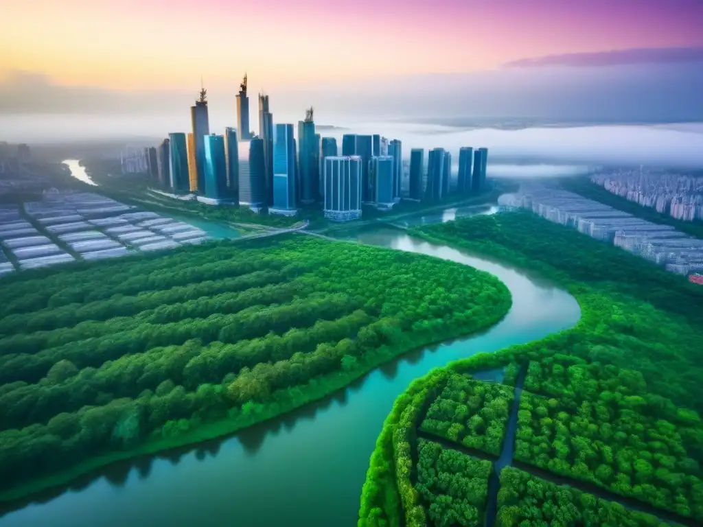 Metrópolis moderna: rascacielos y naturaleza en armonía Vista aérea impactante de una ciudad con rascacielos rodeados de parques verdes y ríos relucientes, mostrando la fusión entre desarrollo urbano y paisajes naturales en una metrópolis moderna