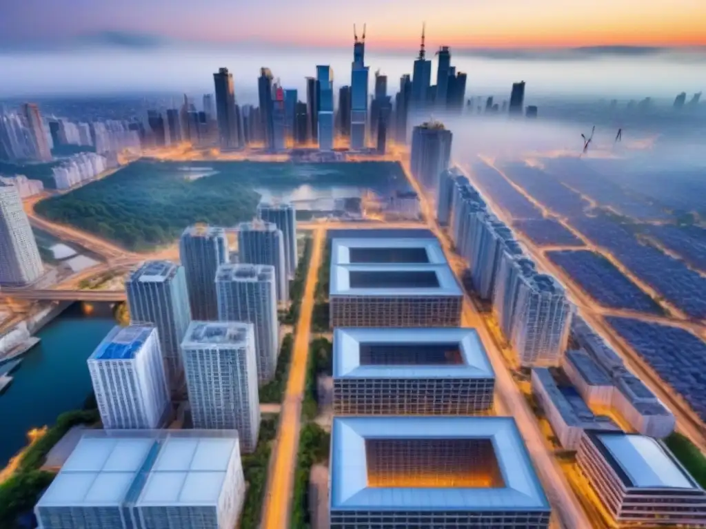 Horizonte urbano en crecimiento: construcción y modernidad Vista aérea impactante de la ciudad en desarrollo con grúas, rascacielos y construcciones