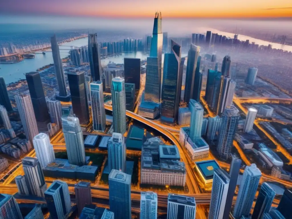 Metrópolis vibrante: mercado inmobiliario comercial en auge Una vista aérea impactante de una ciudad vibrante con rascacielos y edificios comerciales, reflejando el dinámico mercado inmobiliario