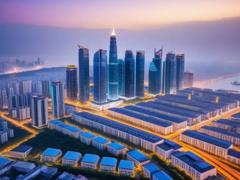 Inversión inmobiliaria estratégica en metrópolis modernas Vista aérea impactante de la ciudad al anochecer, con rascacielos modernos iluminados