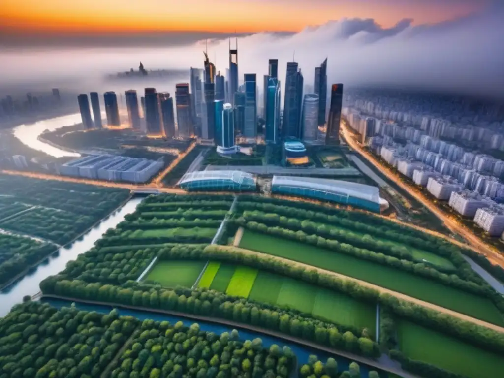 Metrópolis moderna: skyline vibrante y sostenible Vista aérea impactante de una ciudad moderna con rascacielos, edificios residenciales y espacios verdes