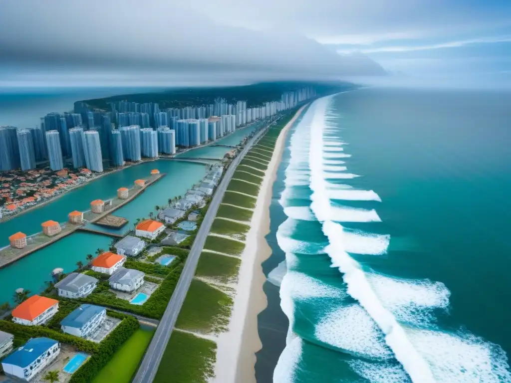 Contraste urbano: infraestructura resiliente frente a erosión Vista aérea impactante de una ciudad costera que muestra la importancia de la prevención de riesgos en infraestructuras costeras