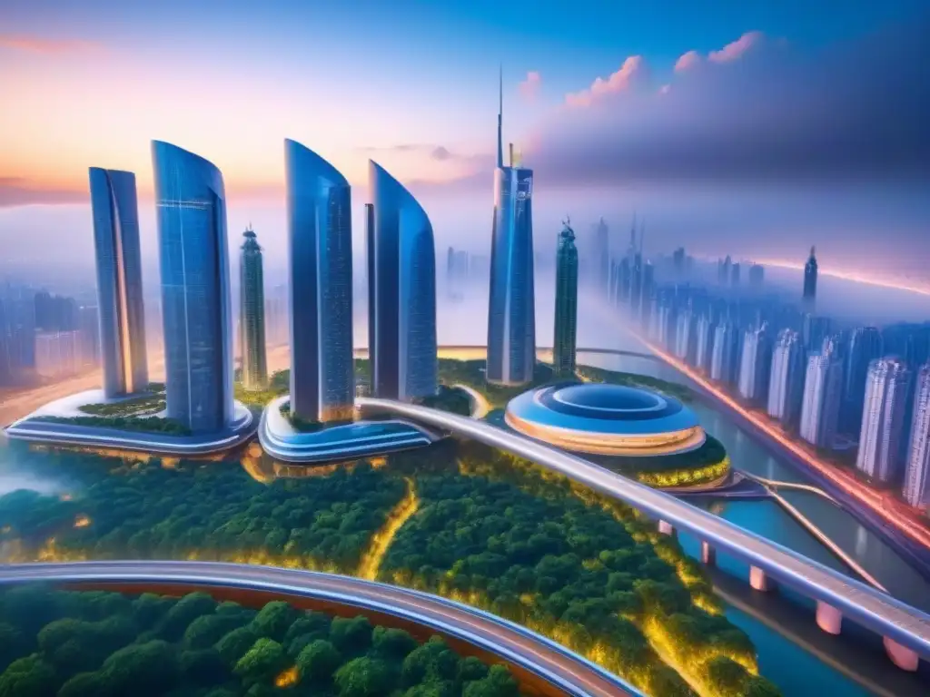 Metrópolis futurista: innovación arquitectónica y sostenibilidad Vista aérea impactante de una ciudad futurista con rascacielos innovadores y jardines verticales