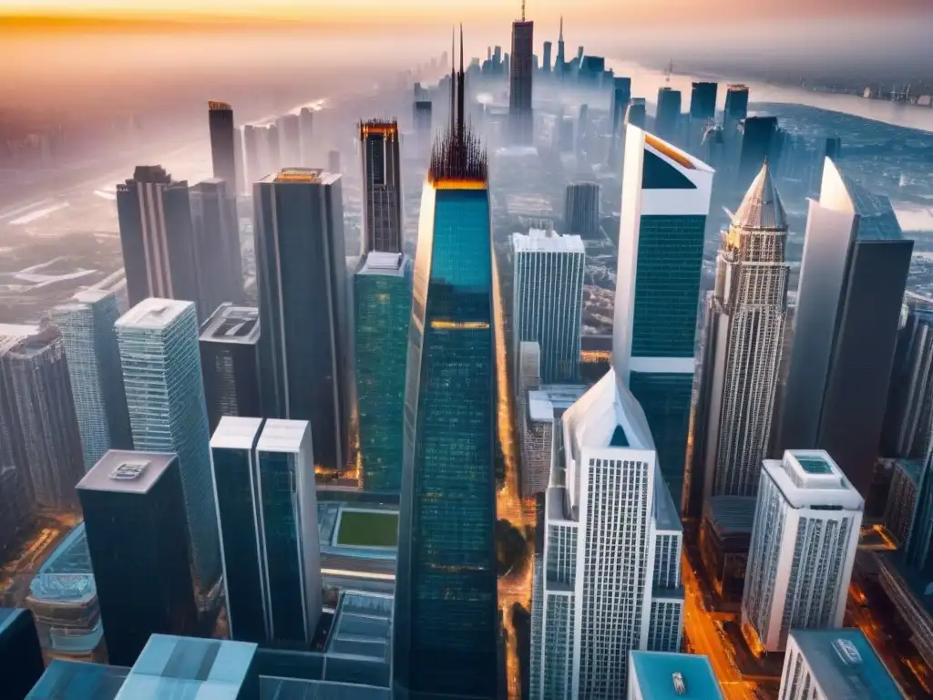 Vista aérea impactante de ciudad moderna y vibrante Vista aérea impactante de una ciudad moderna y bulliciosa con rascacielos de vidrio y acero