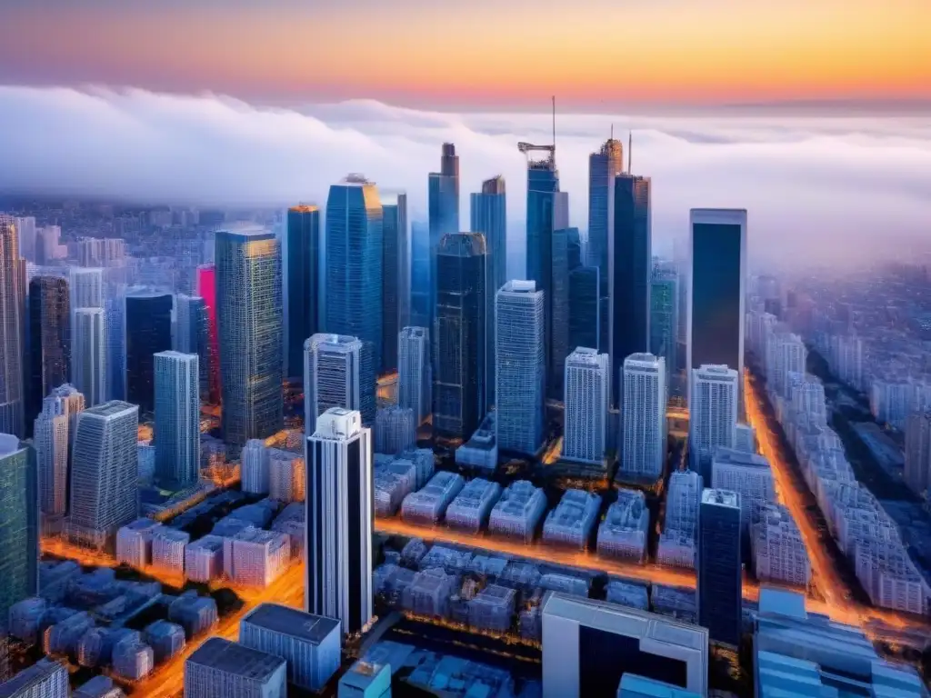 Vibrante mercado inmobiliario en ciudad moderna Vista aérea impactante de una ciudad bulliciosa con rascacielos y un mercado inmobiliario vibrante, reflejando la naturaleza avanzada del sector