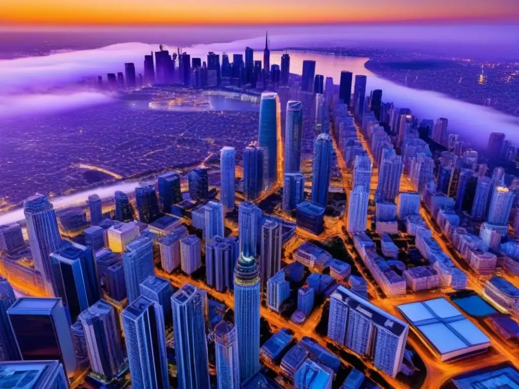 Horizonte urbano al atardecer: modernidad y elegancia en vidrio y luz Vista aérea impactante de una ciudad al atardecer, reflejando modernos rascacielos y la belleza del cielo