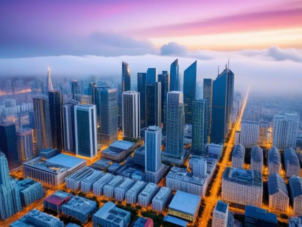 Metrópolis vibrante: mercado inmobiliario en auge Vista aérea impactante de una ciudad bulliciosa con rascacielos modernos, reflejando el dinámico mercado inmobiliario
