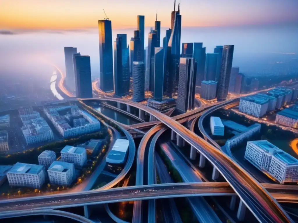 Metrópolis en movimiento: modernas autopistas entre rascacielos Vista aérea impactante de una ciudad bulliciosa con autopistas urbanas y valoración inmobiliaria