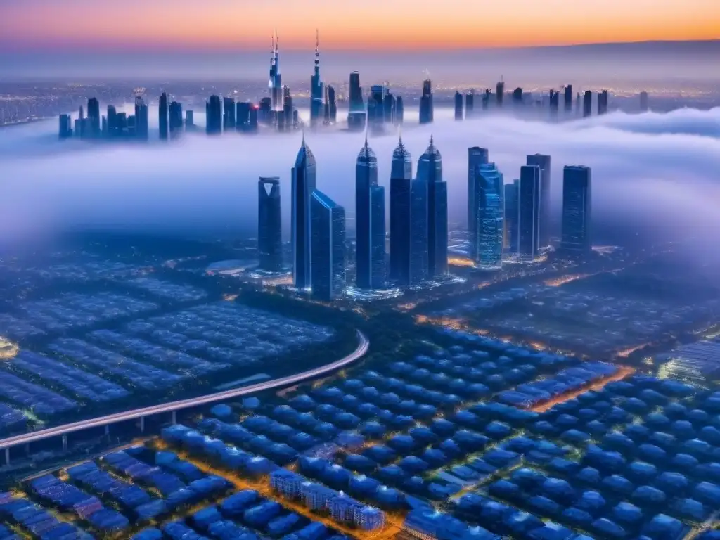 Metrópolis futurista: luces y arquitectura innovadora al atardecer Vista aérea impactante de un horizonte urbano futurista al anochecer, con rascacielos relucientes y luces deslumbrantes en las calles
