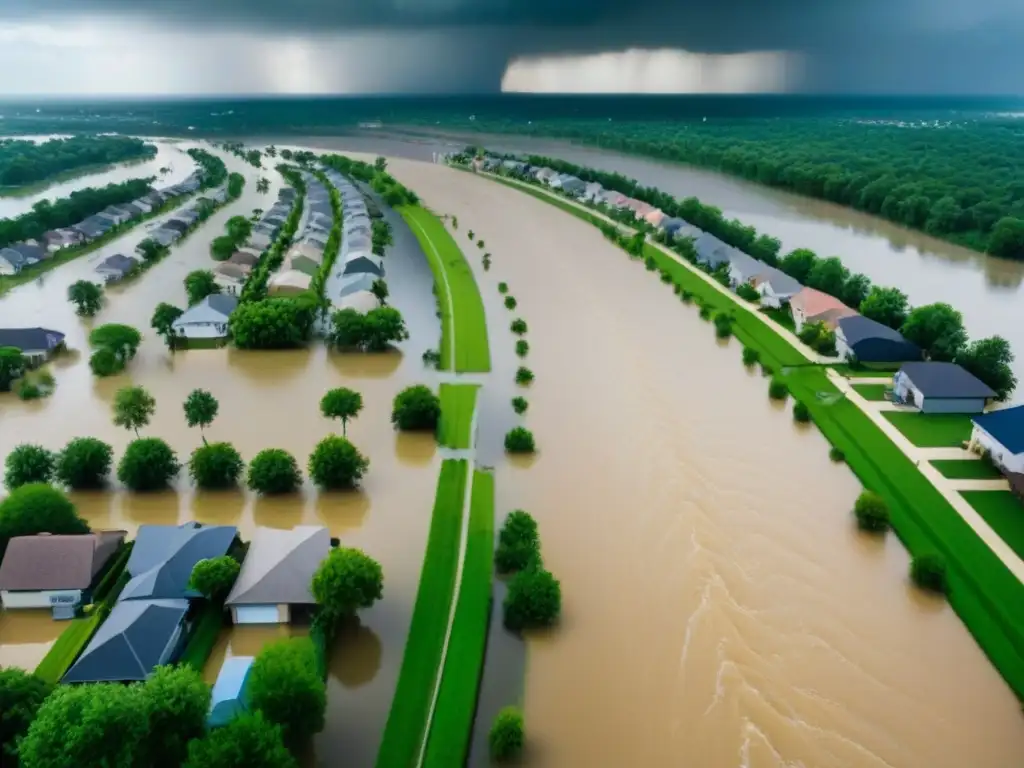 Inundación urbana: impactante vista aérea en tormenta intensa Vista aérea impactante de una inundación urbana durante tormenta intensa