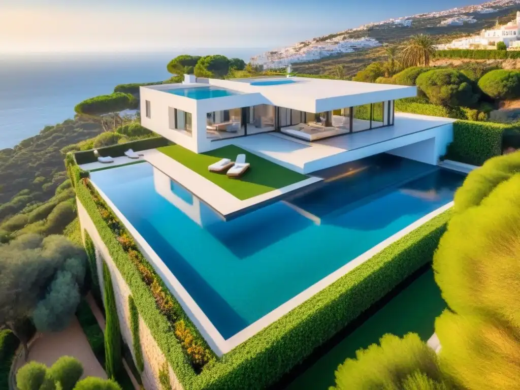 Propiedad de lujo en España: diseño moderno en el Mediterráneo Vista aérea impactante de propiedad de alta gama en España con diseño moderno, piscina infinita y vistas al mar Mediterráneo